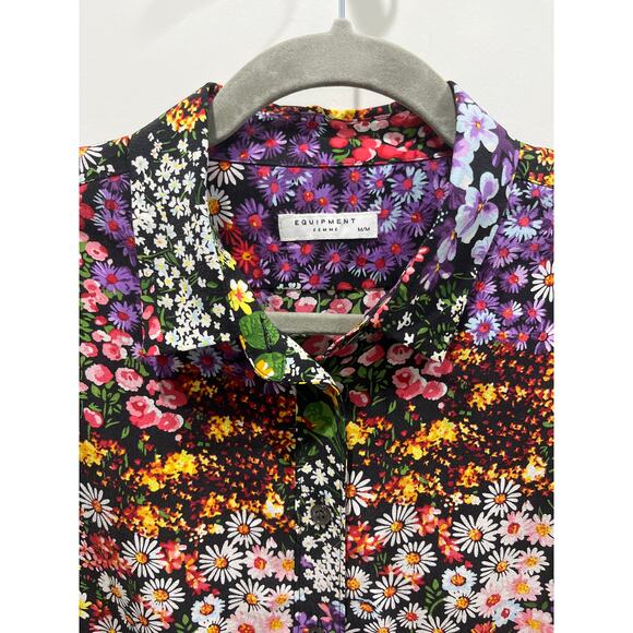Equipment Femme Black Floral Silk Button Up Blouse Sz M - Picture 2 of 7